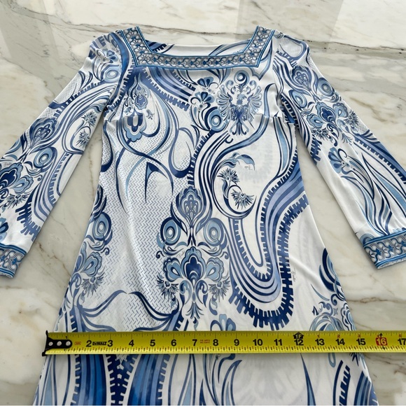 EMILIO PUCCI BLUE WHITE BELL SLEEVE SQUARE NECK DRESS SIZE IT 40 / US 6 - Picture 11 of 16